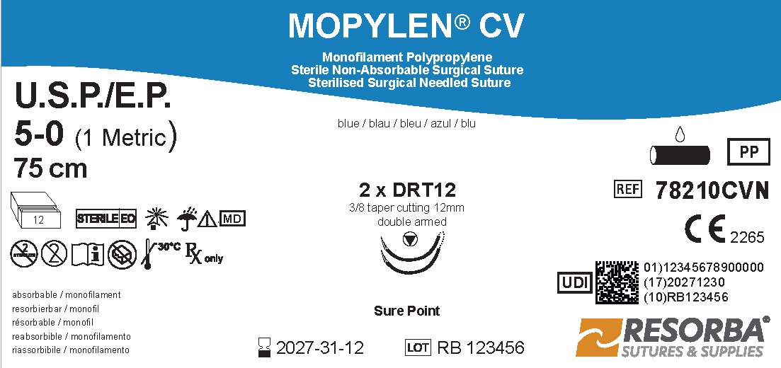 Мопілен CV USP 5-0 синій, 75см, дві кол.голки з ріж.вістрям Sure Point 12мм, 3/8